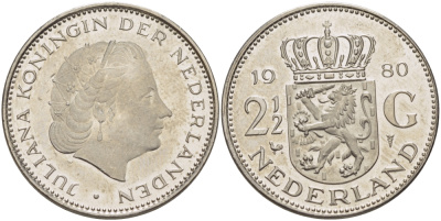 Нидерланды 2 1/2 гульдена 1980 Юлиана (1948-1980) KM 191 никель 38-142