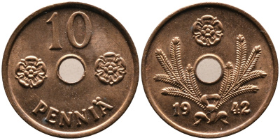 ФИНЛЯНДИЯ 10 ПЕННИ 1942 KM 33.1 медь UNC 4387-438