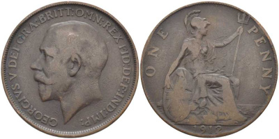 Великобритания 1 пенни 1912 Георг V (1910-1936) KM 810, Spink 4051 бронза 111-1226