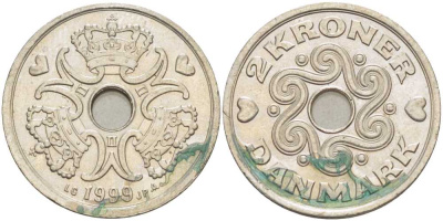 ДАНИЯ 2 КРОНЫ 1999 LG; JP; A, МАРГРЕТЕ II (1972-) KM 874.1 медно-никель 67-653