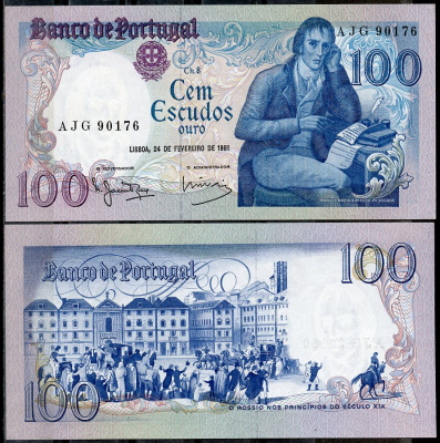 Португалия 100 эскудо 1981 Мануэл Мария Барбоза ду Бокаже, площадь Росиу в Лиссабоне Pick 178 b (6)  бумага  UNC (пресс) 7201-6-3