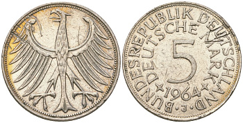ФРГ 5 марок 1964 J KM 112 серебро 117-657
