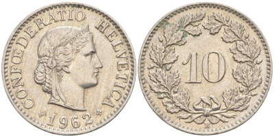 ШВЕЙЦАРИЯ 10 РАППЕНОВ 1962 В KM 27 медно-никель 55-325