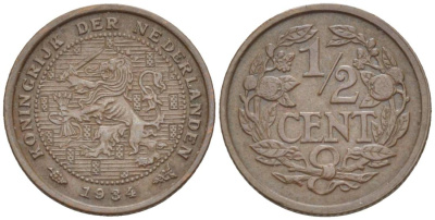 НИДЕРЛАНДЫ 1/2 ЦЕНТА 1934 ВИЛЬГЕЛЬМИНА I (1891-1948) KM 138 бронза 4547-1249