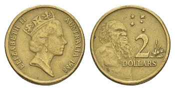 Австралия 2 доллара 1988 абориген, Елизавета II (1952-2022) KM 101 алюминиевая бронза 4525-544
