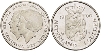 Нидерланды 1 гульден 1980 на коронацию Беатрикс, 30 апреля 1980 KM 200 никель 31-842