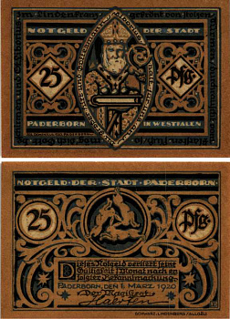ПАДЕБОРН 25 ПФЕННИГОВ 1920 1 МАРТА 1920, НТГЕЛЬД, ЗЕМЛЯ СЕВЕРНЫЙ РЕЙН-ВЕСТФАЛИЯ Keller P1.3 бумага 6318-25-3-2