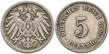 ГЕРМАНИЯ 5 ПФЕННИГОВ 1906 E, KM 11, J. 12 медно-никель 75-915