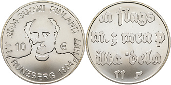 Финляндия 10 евро 2004 200 лет со дня рождения Йохана Людвига Рунеберга, поэт KM 115 серебро  UNC  11-114-13