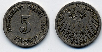 ГЕРМАНИЯ 5 ПФЕННИГОВ 1890 J, KM 11, J. 12 медно-никель 51-5052
