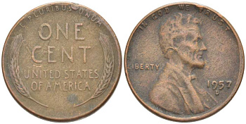 США 1 ЦЕНТ 1957 D, ЛИНКОЛЬН KM А132 медь цинк 218-1037