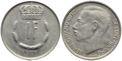 ЛЮКСЕМБУРГ 1 ФРАНК 1981 ВЕЛИКИЙ ГЕРЦОГ ЖАН KM 55 медно-никель 4397-451