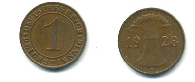 ГЕРМАНИЯ 1 РЕЙХСПФЕННИГ 1928 D KM 37, J.313 бронза 46-859