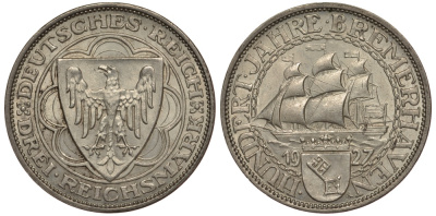 Германия 3 марки 1927 A, 100 летие основания Бремерхафена J. 325, KM 50 серебро 00-804-67