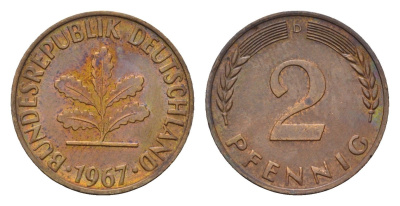 ФРГ 2 пфеннига 1967 D KM 106, J. 381 бронза 4682-1121