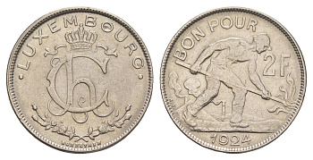 Люксембург 2 франка 1924 Шарлотта (1918-1964), год-тип KM 36 никель 4657-1146
