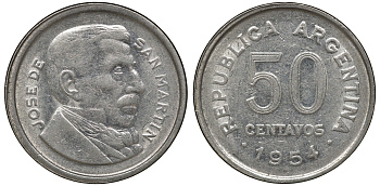 Аргентина 50 сентаво 1954 генерал Хосе де Сан Мартин KM 49 сталь плакированная никелем 4163-455