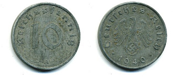 ГЕРМАНИЯ 10 РЕЙХСПФЕННИГОВ 1940 A, KM 101, J. 371 цинк 46-1758