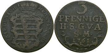 САКСЕН-ГОТА-АЛЬТЕНБУРГ 3 ПФЕННИГА 1761 KM 10 медь 65-616