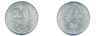 ГДР 20 марок 1973 А, Отто Гротеволь (1894-1964) KM 47 медно-никель 3333-434