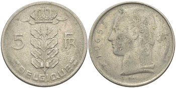 БЕЛЬГИЯ 5 ФРАНКОВ 1965 BELGIQUE, БОДУЭН I (1951-1993) KM 134.1 медно-никель 119-727