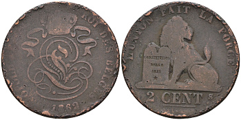 Бельгия 2 сантима 1862 Belges KM 4.2 медь 4595-156