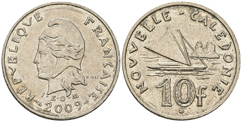 Французская Новая Каледония 10 франков 2009 рыбачья парусная лодка, (IEOM) KM 11a, Schoen 13a, Lec 99k медно-никель 60-1342