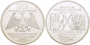 ФРГ 10 МАРОК 1995 D, 150 ЛЕТ СО ДНЯ РОЖДЕНИЯ ВИЛЬГЕЛЬМА КОНРАДА РЕНТГЕНА KM 187 серебро 650-215