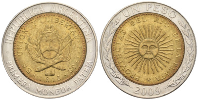 Аргентина 1 песо 2009 D, майское солнце, 8 эскудо 1813 KM 112.1, CJ 6.16.2, Schon 113  биметалл    60-625