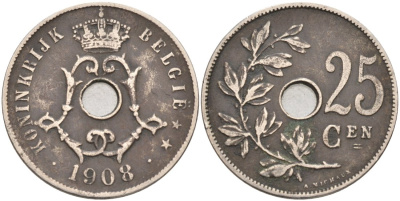 Бельгия 25 сантимов 1908 Belgie KM 63 медно-никель 190-735
