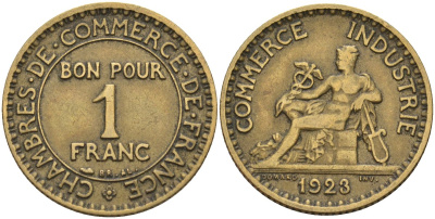Франция 1 франк 1923 KM 876, Le Franc 218.5 алюминиевая бронза 4142-652