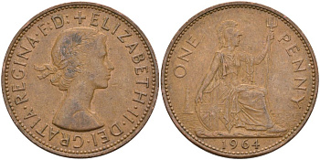 Великобритания 1 пенни 1964 Елизавета II (1952-2022) KM 897, Spink 4157 бронза 4574-232