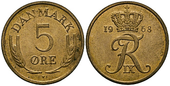 Дания 5 эре 1968 C; S, Фредерик IX (1947-1972) KM 848 бронза 4138-841