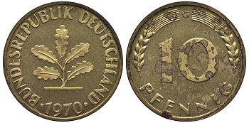 ФРГ 10 пфеннигов 1970 G KM 108, J.383 сталь плакированная латунью PROOF 1099-4-35
