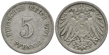 ГЕРМАНИЯ 5 ПФЕННИГОВ 1901 J KM 11, J. 12 медно-никель 39-754