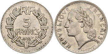 Франция 5 франков 1933 KM 888 никель 4149-324
