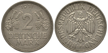 ФРГ 2 марки 1951 F J 386, KM 111 медно-никель плакированный никелем 413-3731