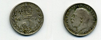 Великобритания 3 пенса 1916 Георг V (1910-1936) KM 813, Spink 4015 серебро 46-1161