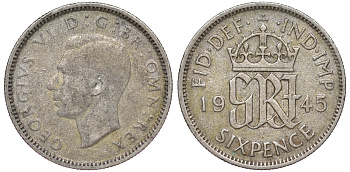 Великобритания 6 пенсов 1945 Георг VI (1936-1952) KM 852, Spink 4084 серебро 4178-354