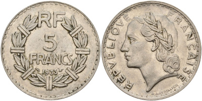 Франция 5 франков 1933 KM 888 никель 4149-324