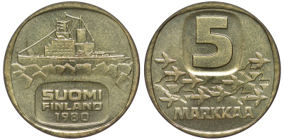 ФИНЛЯНДИЯ 5 МАРОК 1980 K, КОРАБЛЬ KM 57 алюминиевая бронза UNC 3334-334