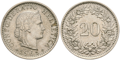 Швейцария 20 раппенов 1969 В KM 29а медно-никель 4364-1415