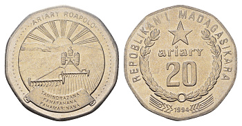 Мадагаскар 20 ариари 1994 год-тип KM 24.1 сталь плакированная никелем UNC 4671-247