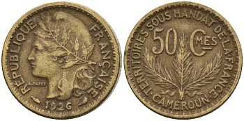 Камерун 50 сантимов 1926 (a), мондвор Париж KM 1 алюминиевая бронза 4169-1216