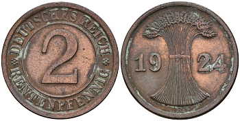 Германия 2 рентенпфеннига 1924 A KM 31, J. 307 бронза 4147-1244