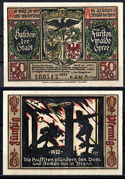 Фюрстенвальде (Пруссия, Бранденбург) 50 пфеннигов 1921 Mehl Grabowski 403.1a-9/15 бумага UNC (пресс) 7555-52-3-1