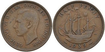Великобритания 1/2 пенни 1939 Георг VI (1936-1952) KM 844, Spink 4115 бронза 4146-216