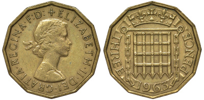 Великобритания 3 пенса 1963 Елизавета II (1952-2022) KM 900, Spink 4153 никель латунь 4122-937