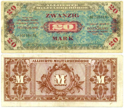 Германия, оккупация союзниками 20 марок 1944 8 цифр, без кода, выпуск СССР Pick 195 d, Розенберг 204 d бумага 7214-34-1-2