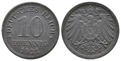 ГЕРМАНИЯ 10 ПФЕННИГОВ 1921 KM 26, J. 299 цинк 4380-234